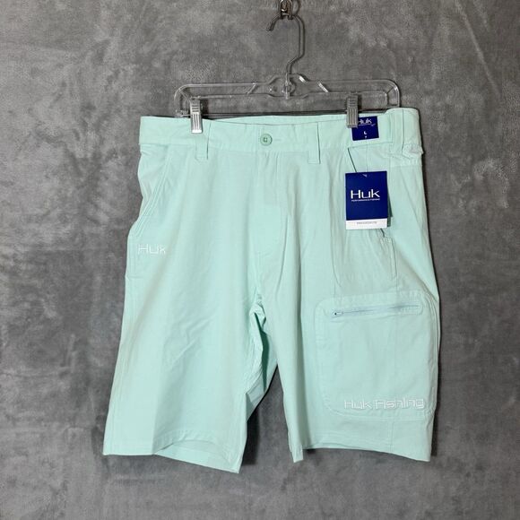 NWT Huk Fishing Mens L Adjustable Waist Board Shorts Swim Teal Green NXTLVL - Picture 1 of 11